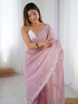 Akhilam - Pink Embellished Chiffon Saree with Unstitched Blouse