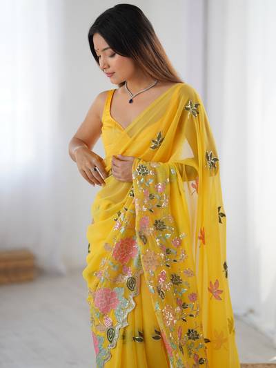 Womens Georgette Yellow Embellished Designer Saree with Unstitched Blouse