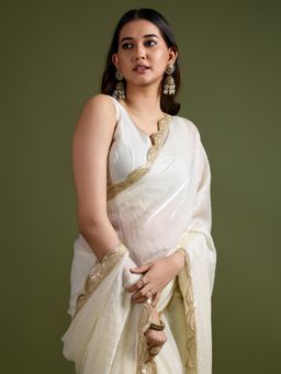 Akhilam - Womens Organza White Embellished Designer Saree with Unstitched Blouse
