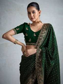 Akhilam - Womens Vichitra Silk Dark Green Embellished Designer Saree with Unstitched Blouse