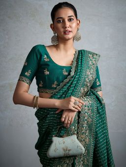 Akhilam - Womens Vichitra Silk Teal Green Embellished Designer Saree with Unstitched Blouse