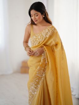 Akhilam - Women Mustard Tissue Floral Saree with Unstitched Blouse