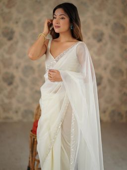 Akhilam - Women Off White Net Embellished Saree with Unstitched Blouse