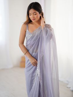 Akhilam - Women Lavender Net Embellished Saree with Unstitched Blouse