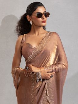 Akhilam - Women Beige Satin Embellished Saree with Unstitched Blouse