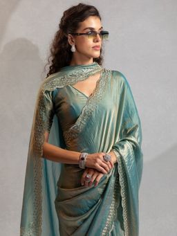 Akhilam - Women Teal Satin Embellished Saree with Unstitched Blouse