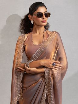 Akhilam - Women Metallic Satin Embellished Saree with Unstitched Blouse