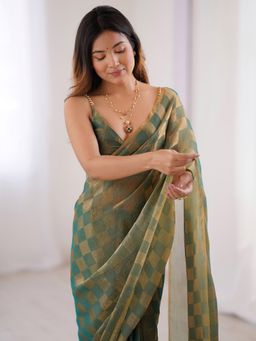 Akhilam - Women's Chiffon Green Checks Lace Work Pre Drape Saree with Unstitched Blouse