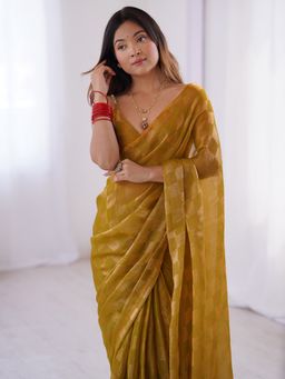 Akhilam - Women's Chiffon Mustard Checks Lace Work Pre Drape Saree with Unstitched Blouse