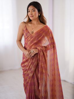 Akhilam - Women's Chiffon Rust Checks Lace Work Pre Drape Saree with Unstitched Blouse