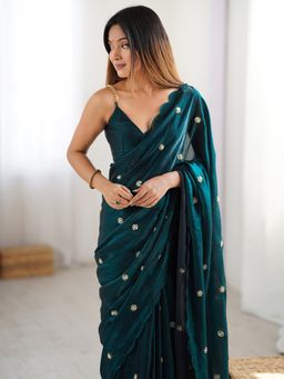 Akhilam - Women's Satin Silk Green Embellished Designer Saree with Unstitched Blouse