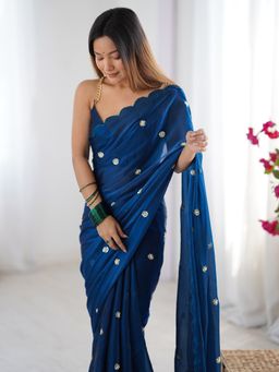 Akhilam - Women's Satin Silk Teal Embellished Designer Saree with Unstitched Blouse