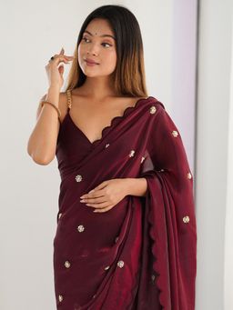 Akhilam - Women's Satin Silk Burgundy Embellished Saree with Unstitched Blouse