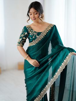 Akhilam - Women's Tissue Green Embellished Designer Saree with Unstitched Blouse
