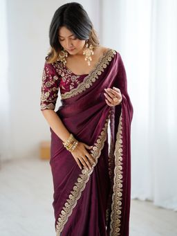 Akhilam - Women's Tissue Burgundy Embellished Designer Saree with Unstitched Blouse