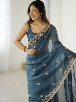Akhilam - Women's Tissue Teal Blue Embellished Designer Saree with Unstitched Blouse