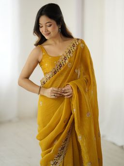 Akhilam - Women's Tissue Mustard Embellished Designer Saree with Unstitched Blouse