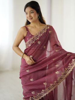 Akhilam - Women's Tissue Mauve Embellished Designer Saree with Unstitched Blouse
