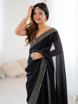 Akhilam - Women's Satin Black Embellished Designer Saree with Unstitched Blouse