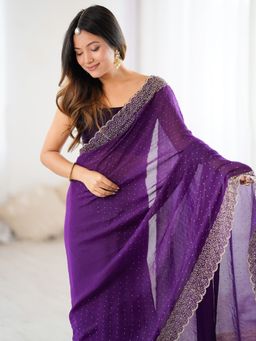 Akhilam - Women's Satin Violet Embellished Designer Saree with Unstitched Blouse