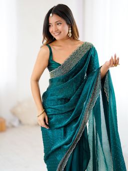 Akhilam - Women's Satin Teal Green Embellished Designer Saree with Unstitched Blouse