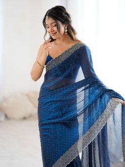 Akhilam - Women's Satin Teal Blue Embellished Designer Saree with Unstitched Blouse