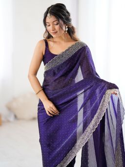 Akhilam - Women's Satin Purple Embellished Designer Saree with Unstitched Blouse