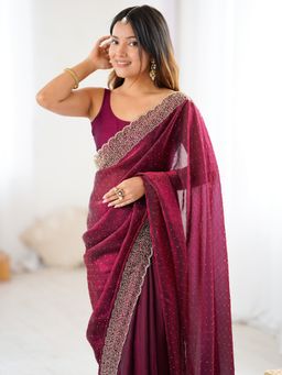Akhilam - Women's Satin Burgundy Embellished Designer Saree with Unstitched Blouse
