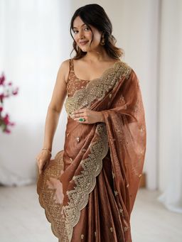 Akhilam - Chiffon Brown Saree with Unstitched Blouse