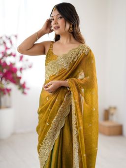 Akhilam - Chiffon Mustard Saree with Unstitched Blouse