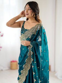 Akhilam - Chiffon Teal Saree with Unstitched Blouse