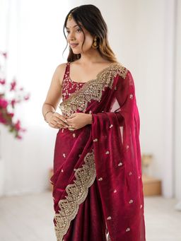 Akhilam - Chiffon Burgundy Saree with Unstitched Blouse