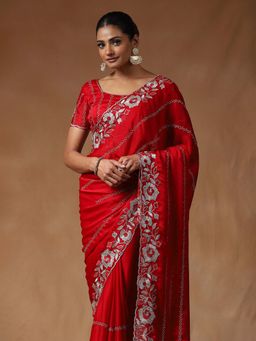 Sareemall - Women Satin Silk Red Embroidered Saree with Unstitched Blouse