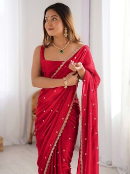 Sareemall - Pure Georgette Red Embellished Saree with Unstitched Blouse