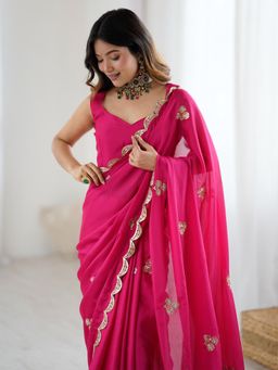 Sareemall - Women Chiffon Embellished Pink Saree with Unstitched Blouse