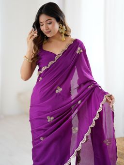 Sareemall - Women Chiffon Embellished Purple Saree with Unstitched Blouse