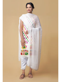 Unnati Silks - Unstitched White Pure Handwoven Phulkari Cotton Salwar Kameez (Set of 3)