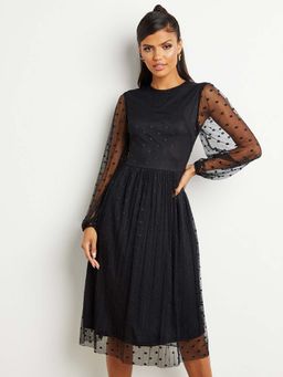 Styli - Black Flock Spot Tulle A-line Midi Dress