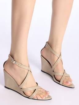 Twenty Dresses by Nykaa Fashion - Taupe Pointed Toe Strappy Criss-Cross Wedge Heels for Women