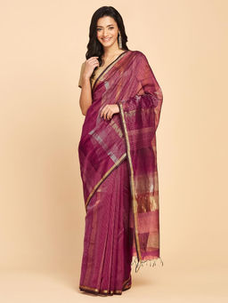 Fabindia - Wine Cotton Silk Maheshwari Woven Saree Without Blouse