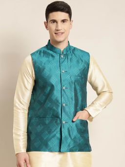 SOJANYA - Men Jacquard Silk Peacock Blue & Gold Self Design Nehru Jacket