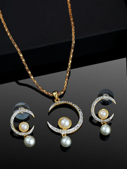 Estele - Gold Plated CZ Sparkling Moon Pendant Necklace with Pearl for Women (Set of 2)