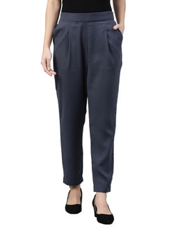 Go Colors - Women Solid Dark Jean Blue Crepe Formal Trousers