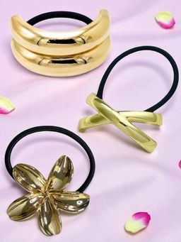OOMPH - Women Gold Bow Knot and Floral Shape Rubber Bands (Pack of 3)