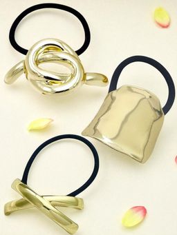 OOMPH - Women Gold Bow Knot and Geometric Shape Rubber Bands (Pack of 3)