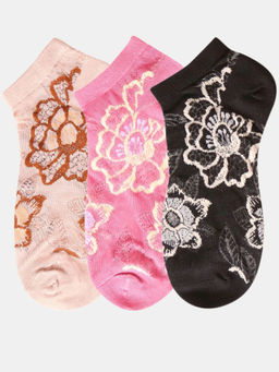 NEXT2SKIN - Women Beige Pink & Black Floral Pattern Cotton Socks (Pack of 3)