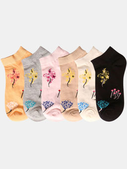 NEXT2SKIN - Women Multi-Color Floral Print Cotton Socks (Pack of 6)