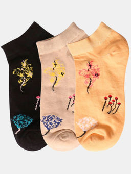 NEXT2SKIN - Women Beige Orange & Black Floral Print Cotton Socks (Pack of 3)
