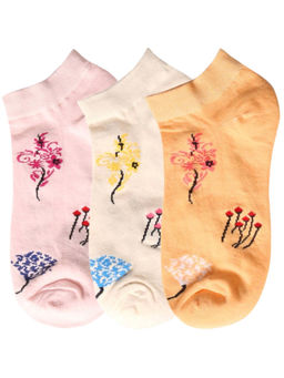 NEXT2SKIN - Women Beige Orange & Pink Floral Print Cotton Socks (Pack of 3)