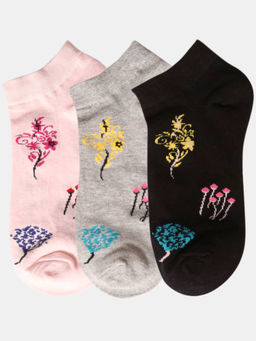 NEXT2SKIN - Women Pink Grey & Black Floral Print Cotton Socks (Pack of 3)